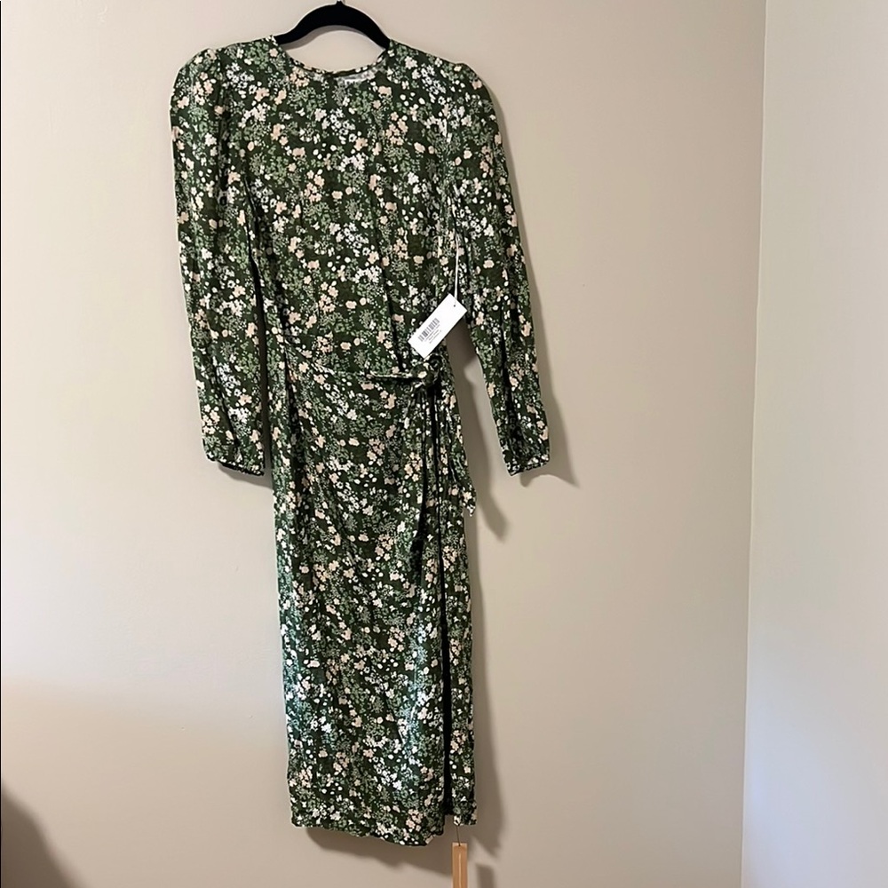 Reformation Reza Dress Green with floral Wrap Dress with Bishop Sleeves - Picture 5 of 8